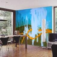 Wandgestaltung, zeitgenössische Wandmalerei mit Landschaftsmotiven in einem modernem Esszimmer, Kunst am Bau