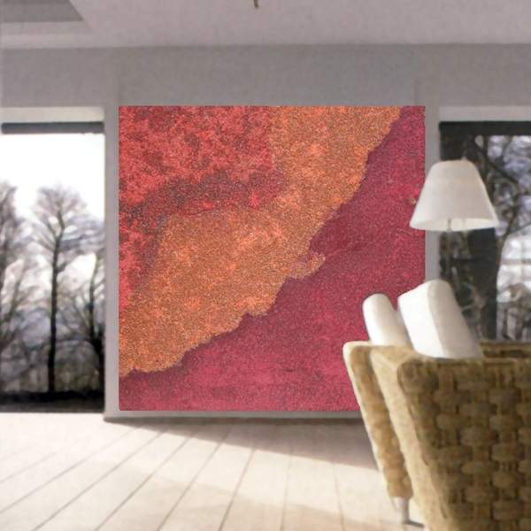 Wandgestaltung, Wandmalerei, Wandbild in einem Wohnzimmer, Edelsteinkruste in warmen Farben in rot + orange