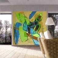 Wandbilder, Wandmalerei in einem Wohnzimmer, malerische Elemente in grün + blau