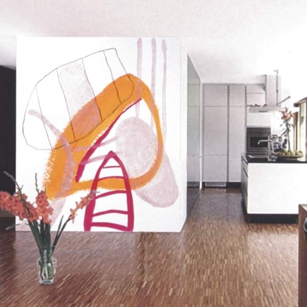 Wandmalerei in einer Küche, malerische Elemente in rot + orange