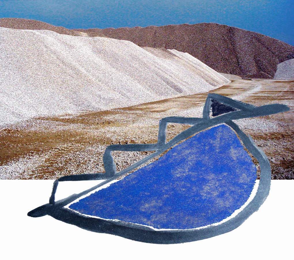 Entwurf der Bodenmalerei, blauer Kies 2011, Kalk Kaseinfarbe auf Kies, Landart, zeitgenössische Landschafts - Malerei